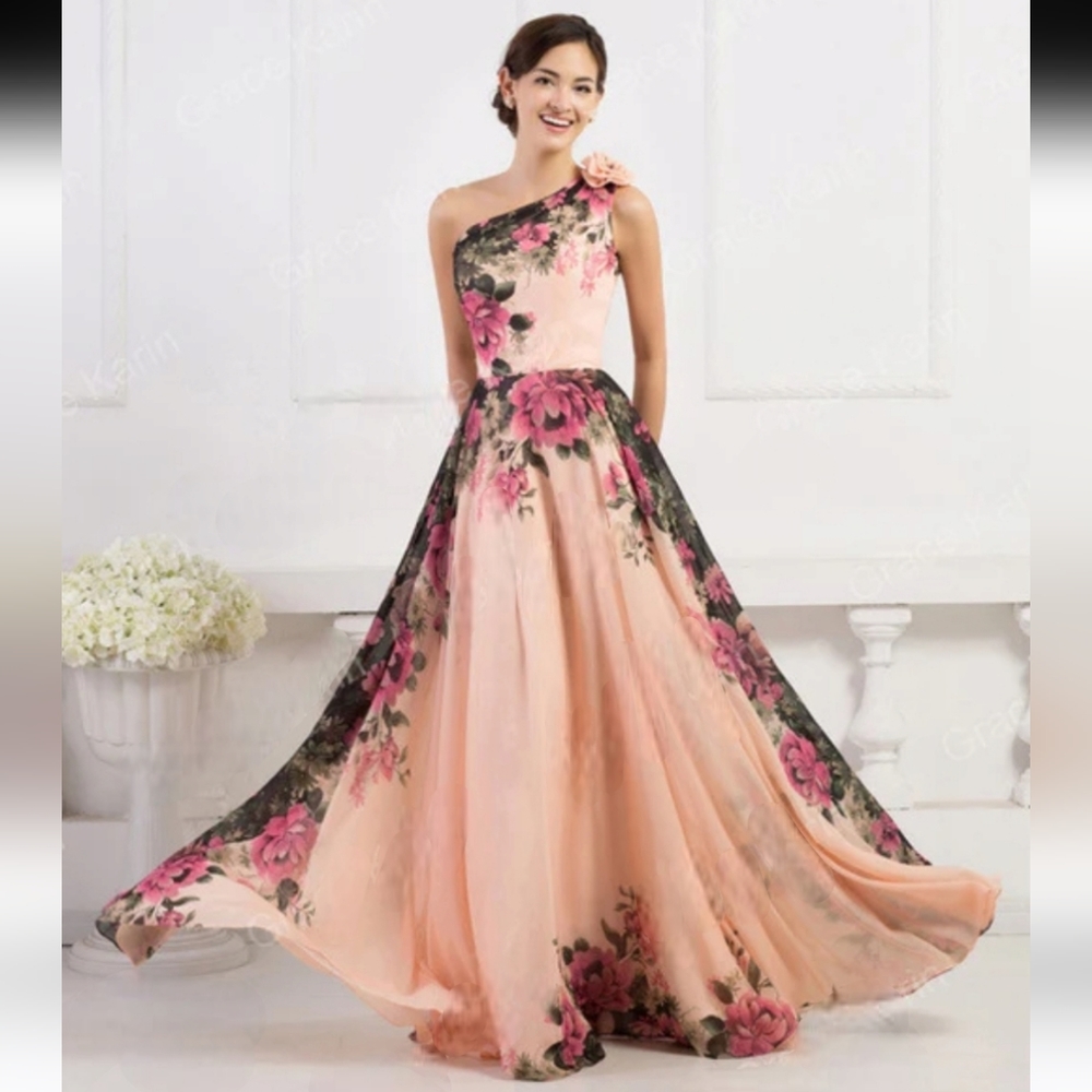 Nwt Grace Karin Peach/Pink Garden Roses One Shoulder Chiffon Evening Ball Gown